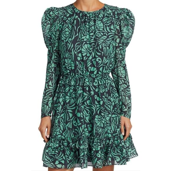 Tanya Taylor Telissa Ruffle Dress Green Navy Print Silk Dress Size 2 - Picture 14 of 16